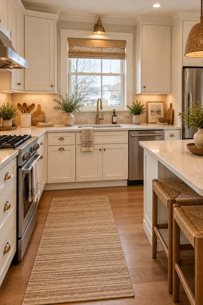 Coastal kitchen with warm cream shaker cabinets, light countertops, and medium-oak accents.