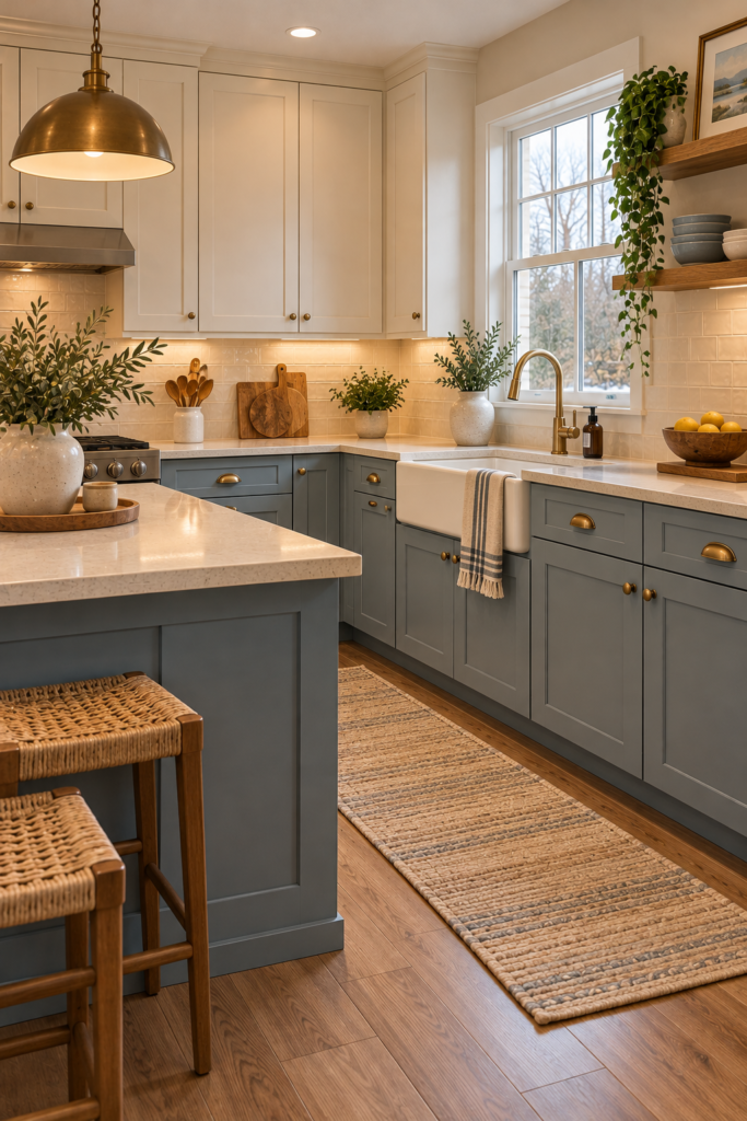 Coastal kitchen with dusty-blue lower cabinets, cream upper cabinets, and warm wood flooring.