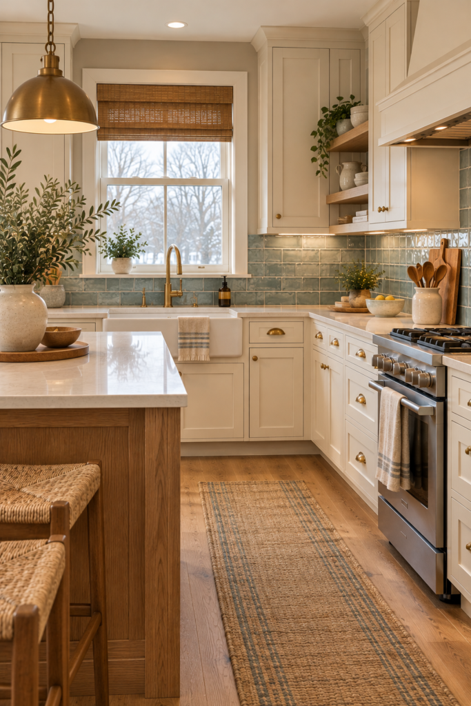 Kitchen with soft blue ceramic backsplash tile, cream cabinetry, and natural wood details.