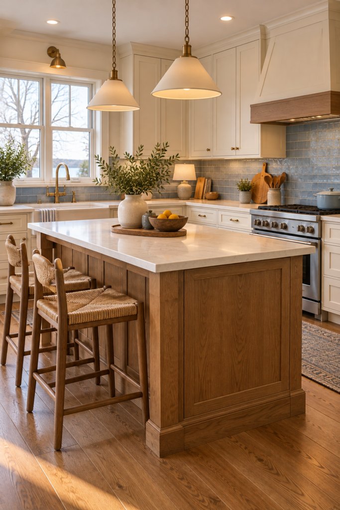 Coastal kitchen featuring medium-oak stools, natural wood flooring, and warm neutral cabinetry.