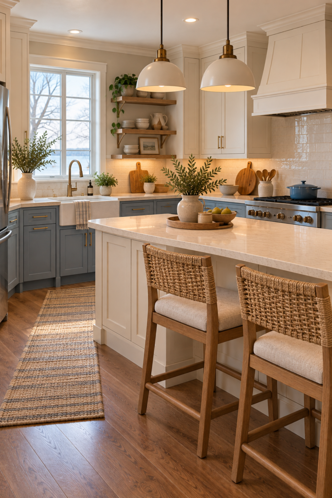 Kitchen island with woven counter stools and simple natural wood finishes.