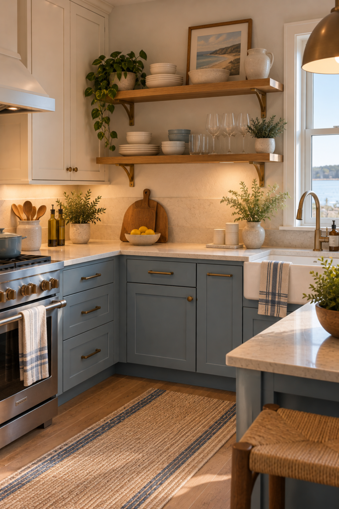 Coastal kitchen with light oak open shelves displaying cream dishes and clear drinking glasses.