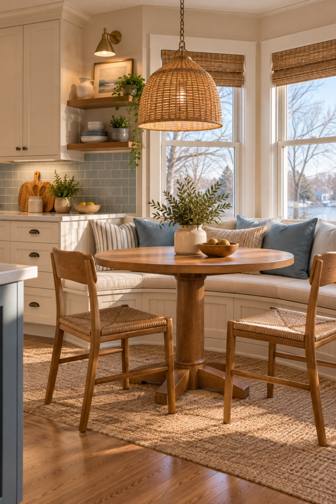 Compact coastal breakfast nook with a round wood table, cream upholstery, dusty-blue cushions, and a woven pendant.