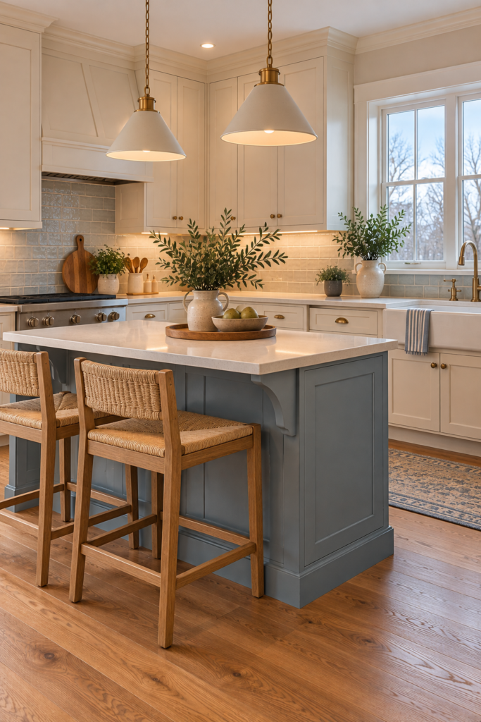 Coastal kitchen with a dusty-blue island, cream perimeter cabinets, and medium-oak stools.