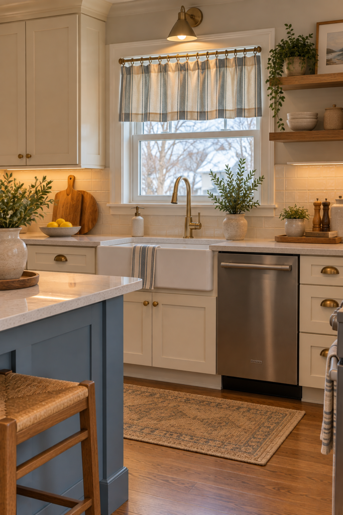 Small coastal kitchen with a cream-and-dusty-blue striped café curtain.