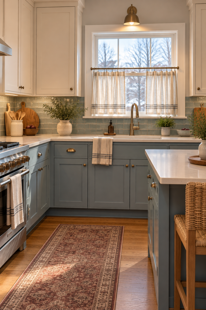 Coastal kitchen window with warm cream linen-look curtains and natural wood trim.