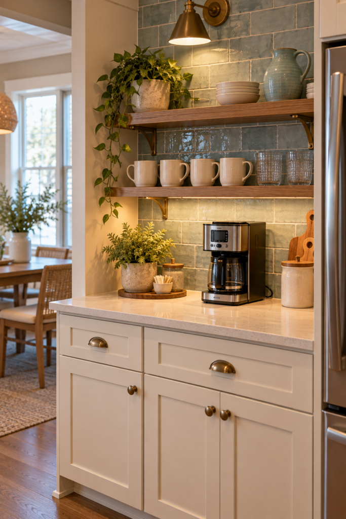 Coastal coffee station with a dusty-blue backsplash, oak shelf, cream mugs, and countertop coffee maker.