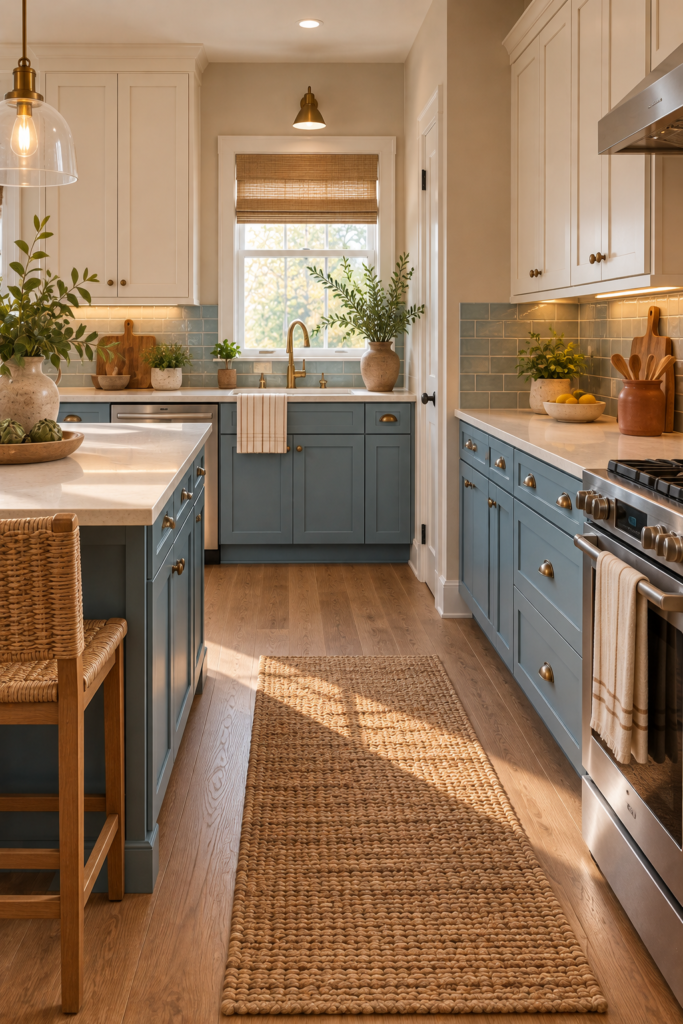 Small coastal kitchen with cream upper cabinets, dusty-blue lower cabinets, and light countertops.