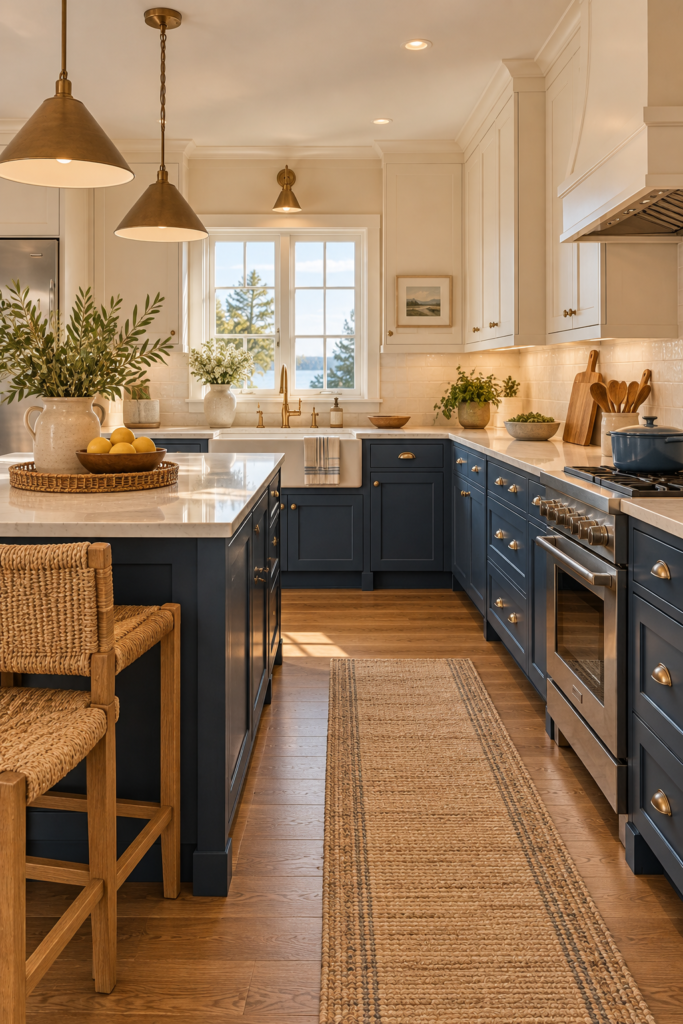 Coastal kitchen with a muted navy island, cream walls, and warm wood accents.