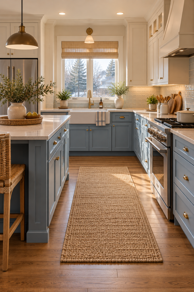 Coastal kitchen with a low-profile natural fiber runner in a warm neutral color.