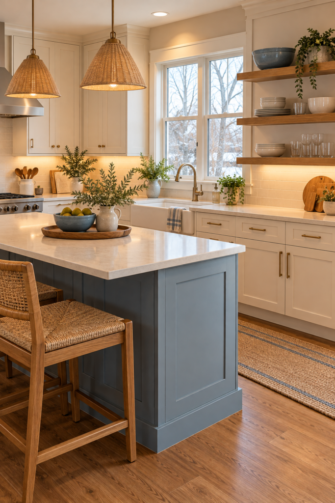 Subtle coastal kitchen styling with natural wood, woven textures, blue ceramics, and clear glass.