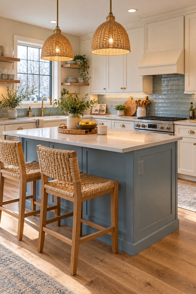 Fully layered coastal kitchen with cream cabinetry, dusty blue, medium oak, woven textures, and warm lighting.