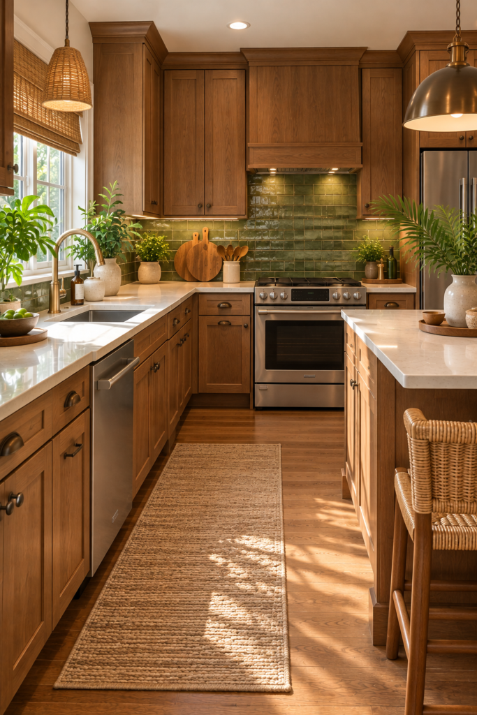 Tropical-inspired kitchen with warm walnut cabinetry, muted green backsplash tile, and cream countertops.