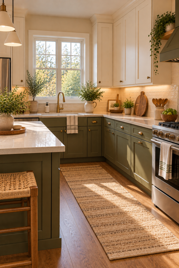 Kitchen with muted olive lower cabinets, warm cream upper cabinets, and natural wood accents.