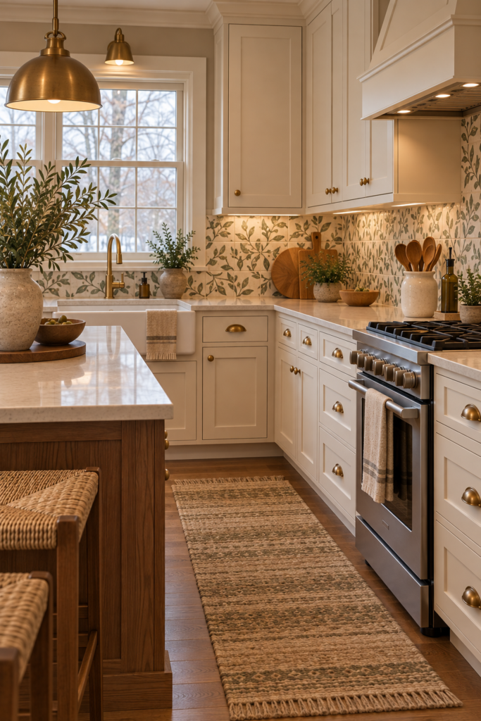 Tropical kitchen backsplash with subtle botanical leaf-patterned tile in muted green and cream.