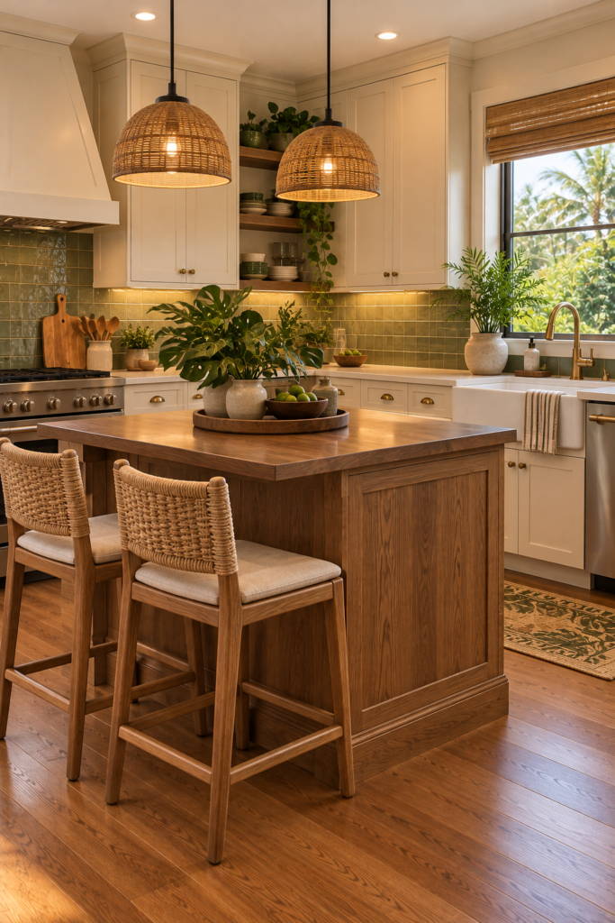 Kitchen island with sturdy natural woven counter stools and a compact wooden countertop.