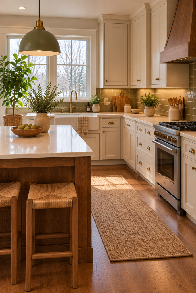 Tropical kitchen with a leafy green plant near a bright window and a smaller plant on a dry countertop.