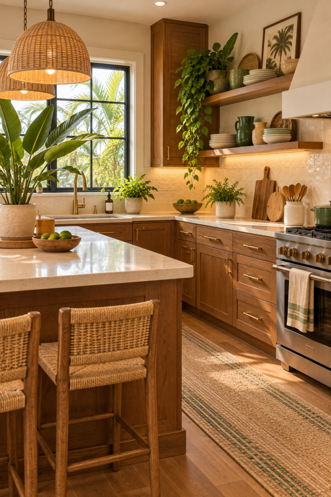 Kitchen with warm cream walls, light countertops, natural wood cabinetry, and muted green accents.