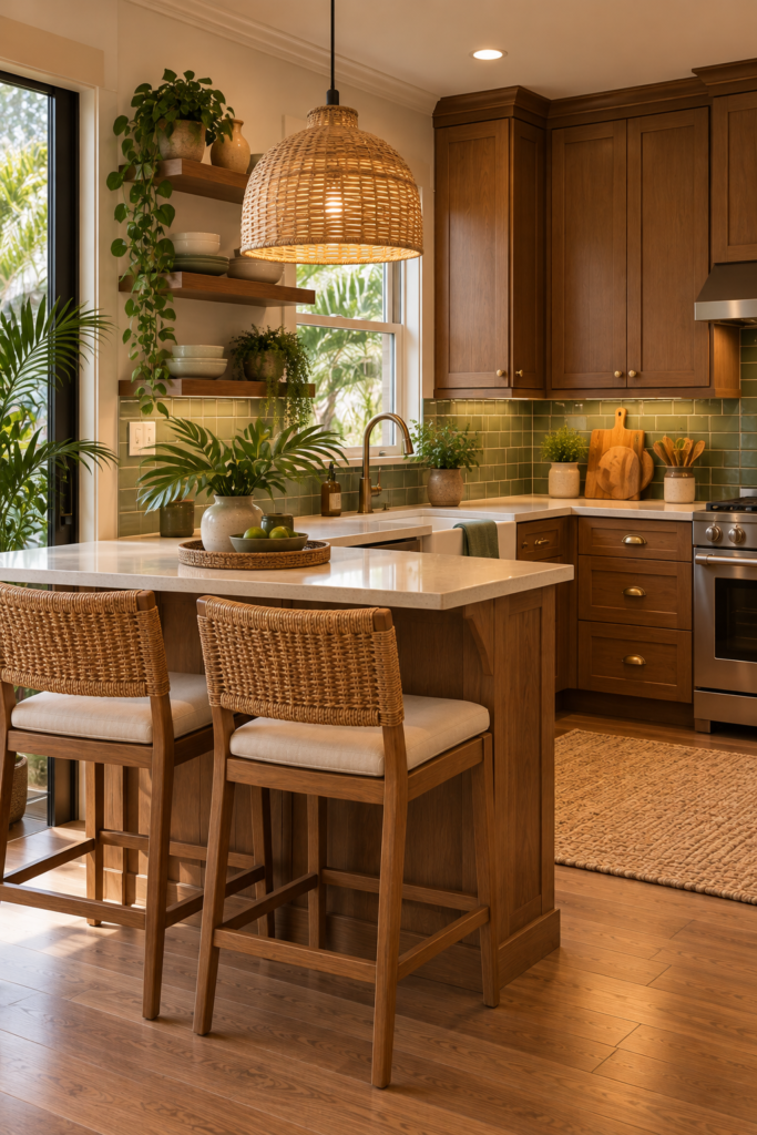 Kitchen dining nook with a woven rattan pendant light above a compact wooden table.