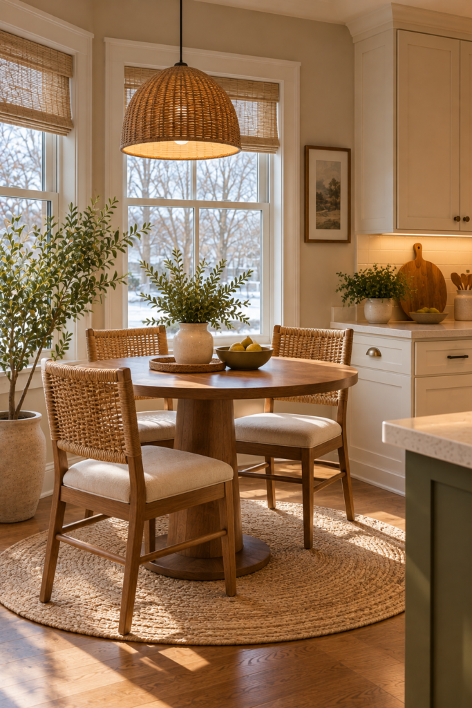 Compact tropical breakfast nook with a round wooden table, woven chairs, cream cushions, and a leafy plant.