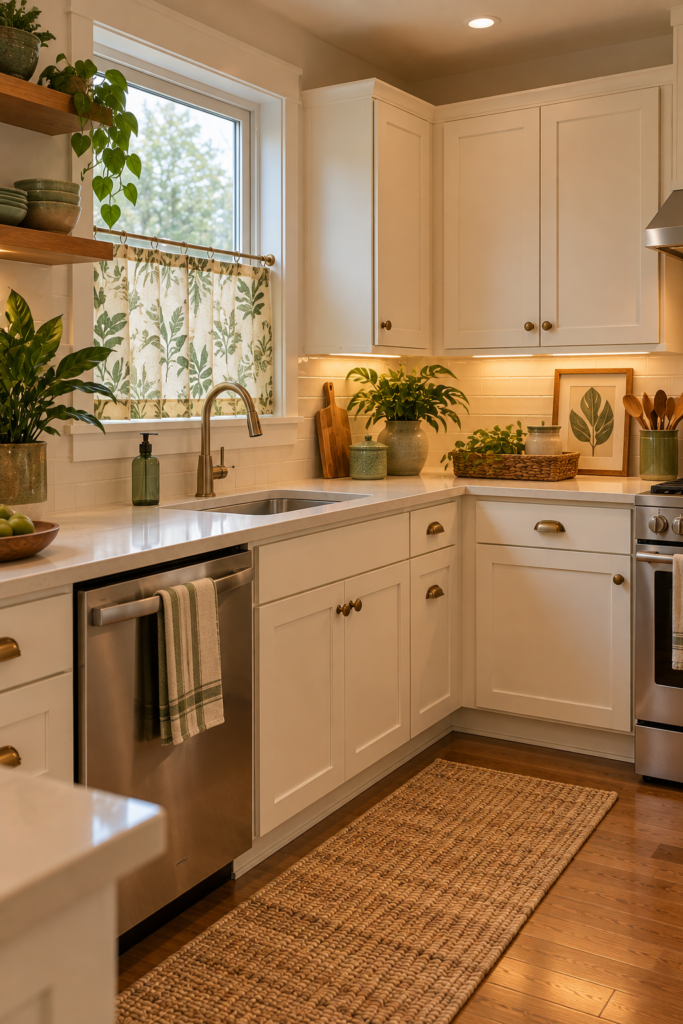 Tropical kitchen decorated with muted green ceramics, a natural woven basket, and warm brown accessories.