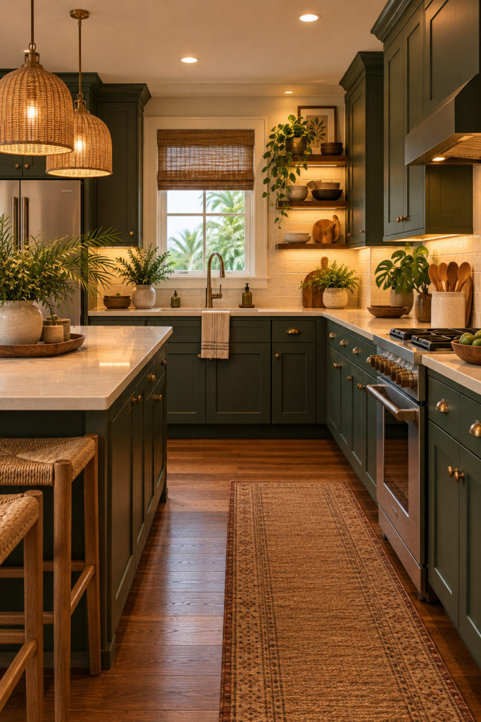 Dark tropical kitchen with forest green cabinetry, walnut accents, cream countertops, and brass hardware.