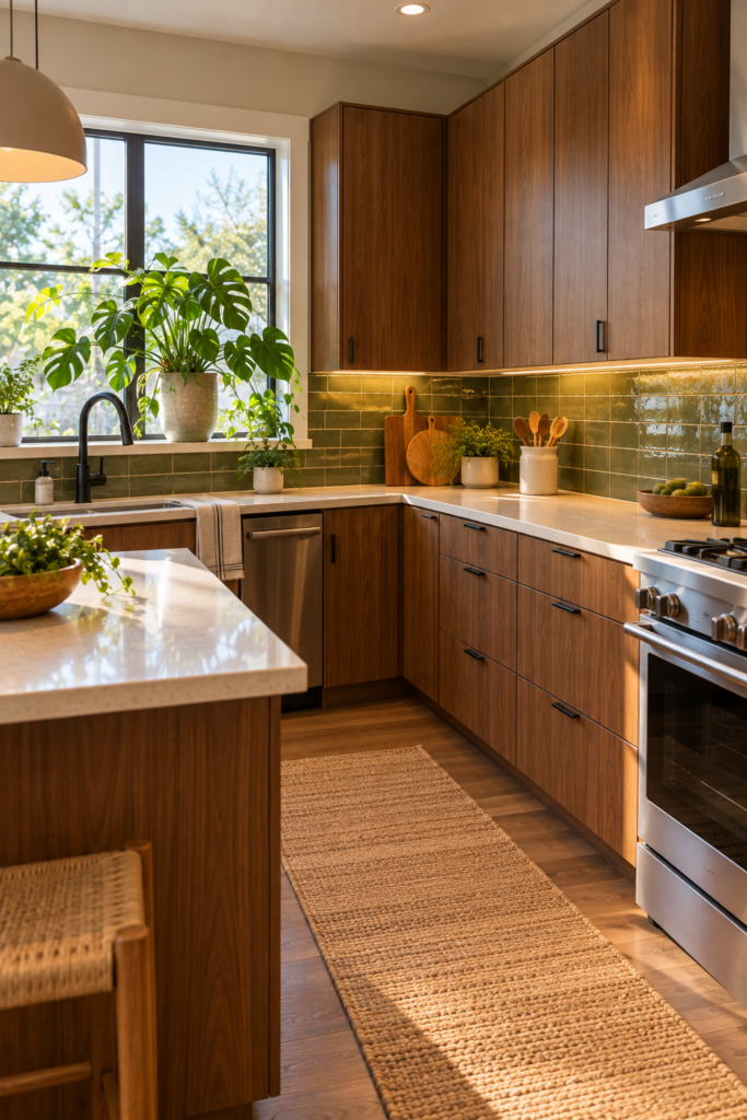 Modern tropical kitchen with flat-panel walnut cabinets, a muted green backsplash, and minimal accessories.