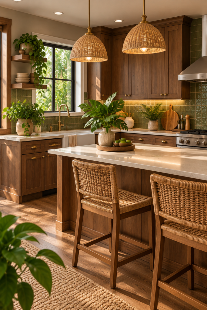 Fully layered tropical kitchen with warm wood cabinetry, cream counters, muted green tile, woven textures, and natural accents.
