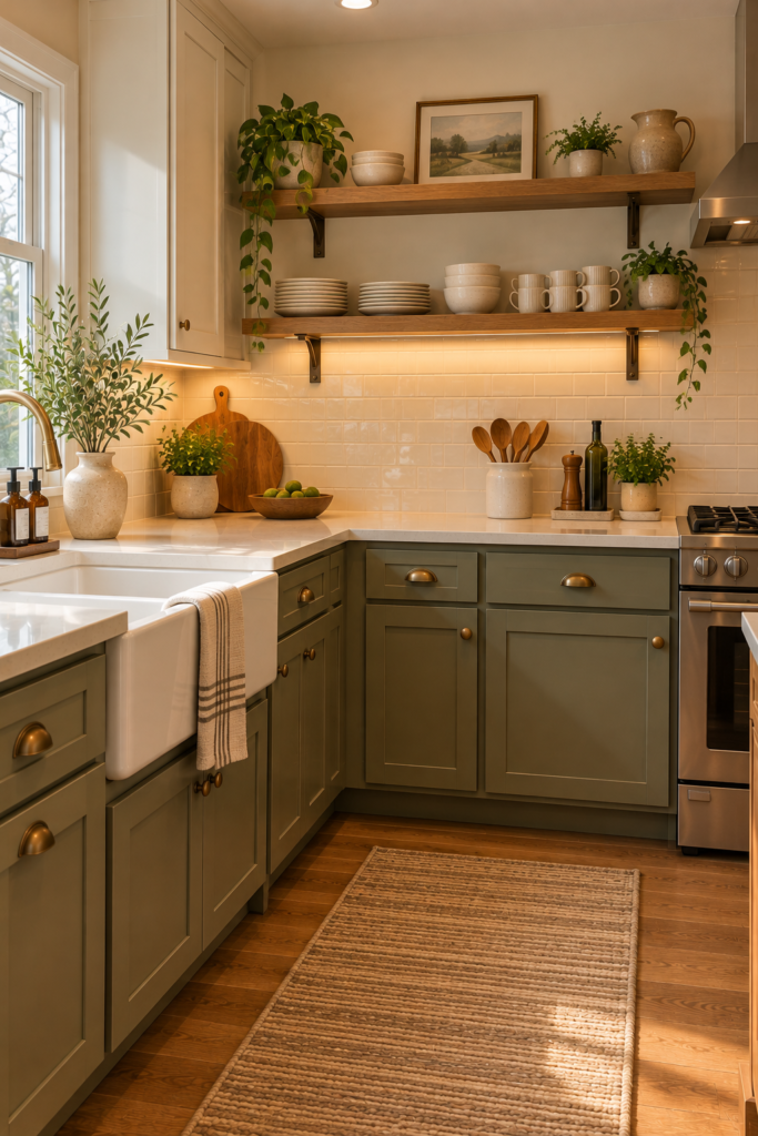 Open kitchen shelves displaying stacked cream dinner plates, bowls, and mugs against a warm neutral backsplash.