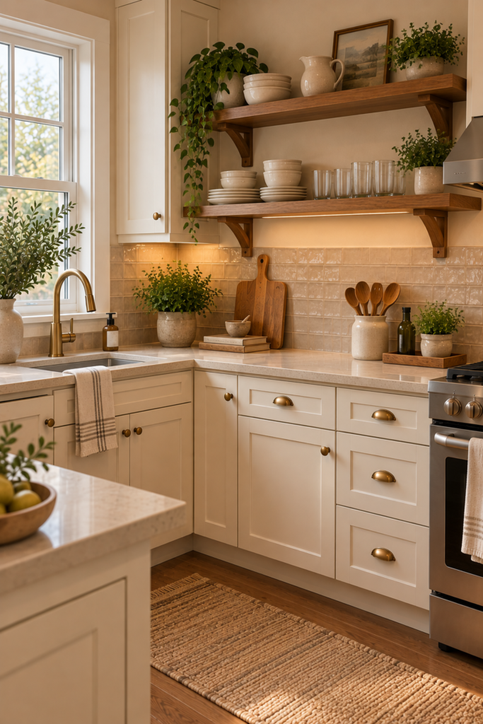 Kitchen shelves arranged with cream ceramic dishes and clear drinking glasses in separate groups.