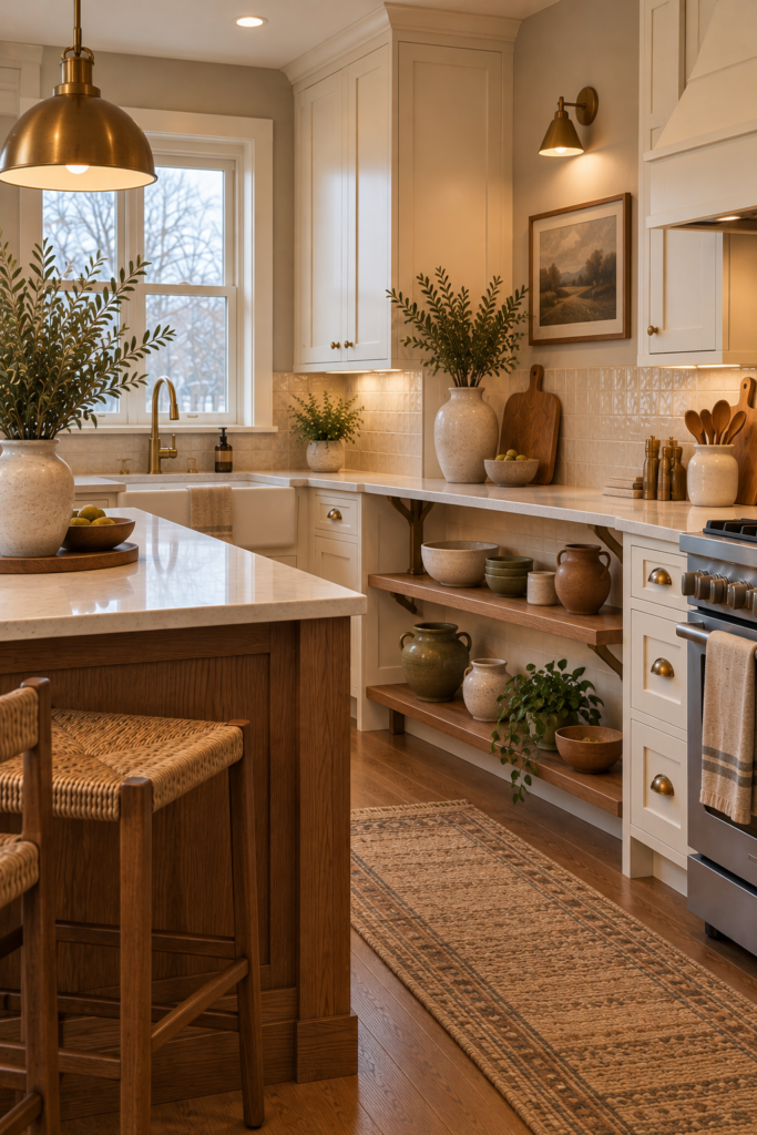Open kitchen shelving styled with handmade-look pottery in warm brown, cream, muted olive, and dusty blue.
