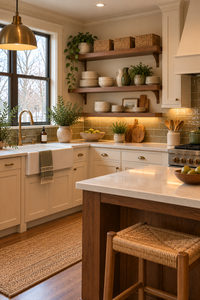 Open kitchen shelves with small natural woven baskets holding napkins and lightweight kitchen accessories.
