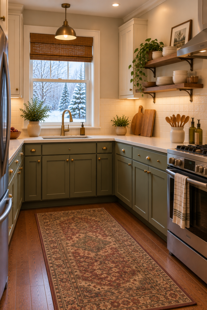 Wooden cutting boards leaning securely against the kitchen backsplash beneath open shelves.