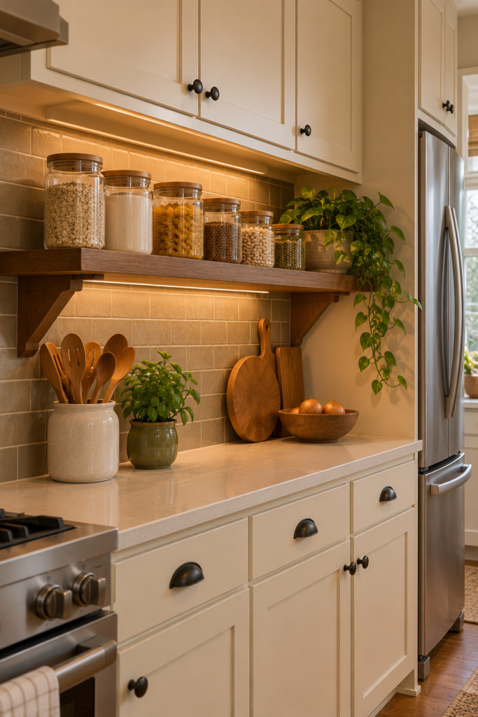Clear airtight glass jars containing dry pantry ingredients arranged on sturdy kitchen shelves.