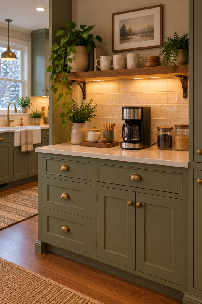 Coffee station with mugs and coffee accessories on a shelf above the countertop coffee maker.