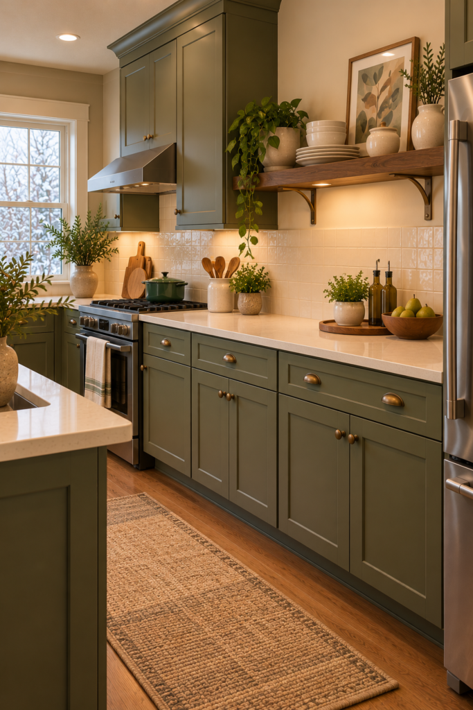 Open kitchen shelf with a small framed botanical print positioned in a dry area.