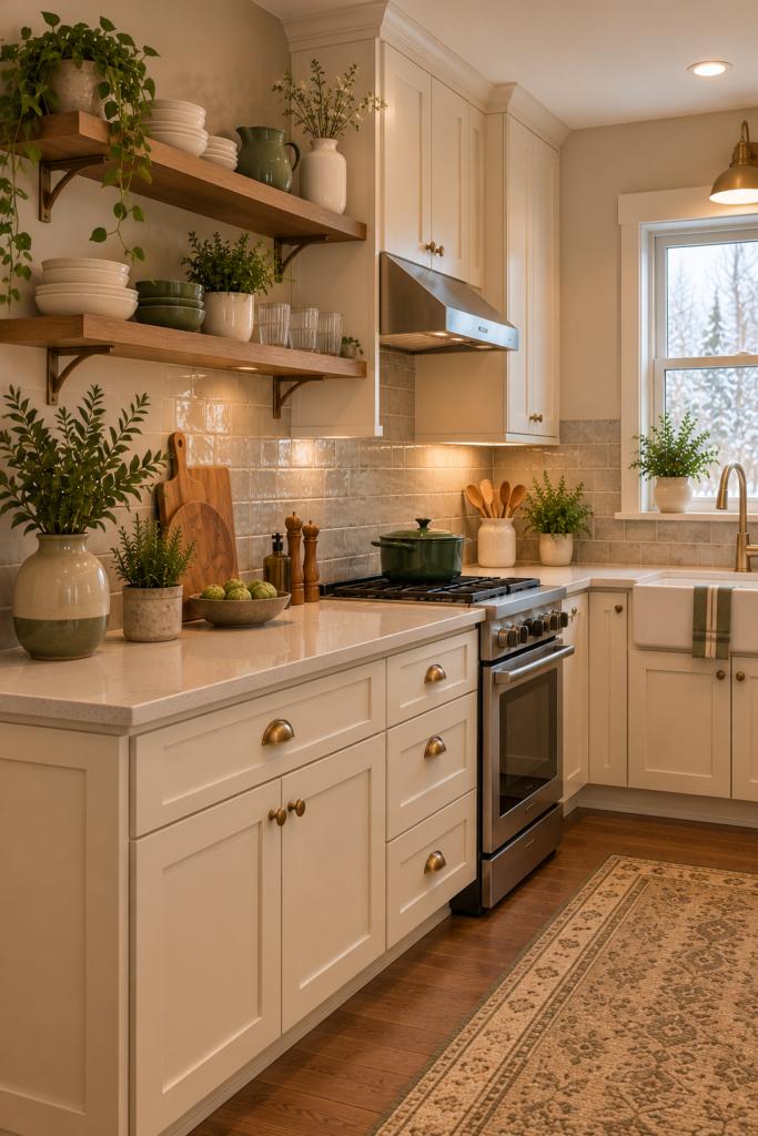 Kitchen shelves styled with muted olive ceramic bowls, a vase, and cream dishes.
