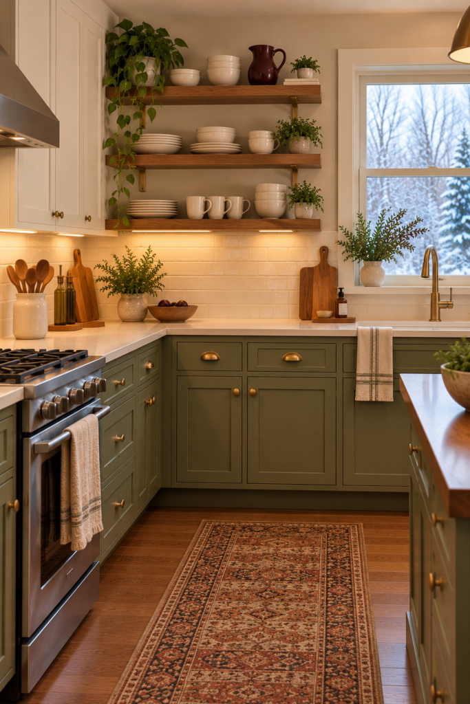 Open kitchen shelf featuring a single deep burgundy ceramic pitcher among neutral pottery.