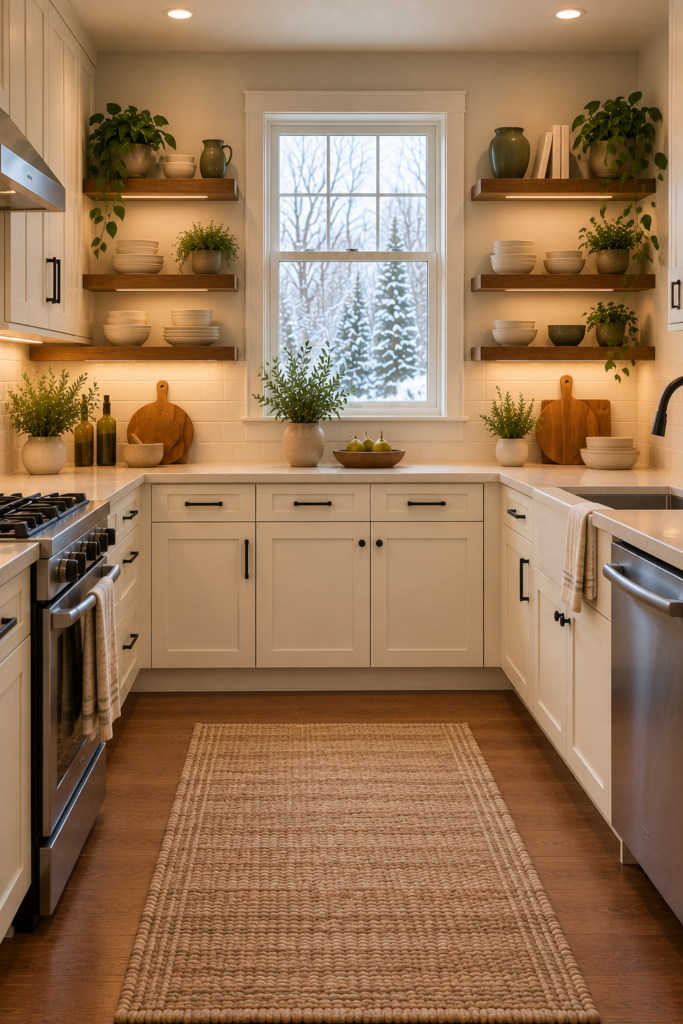 Symmetrical kitchen shelves on either side of a window with matching dish stacks and small planters.