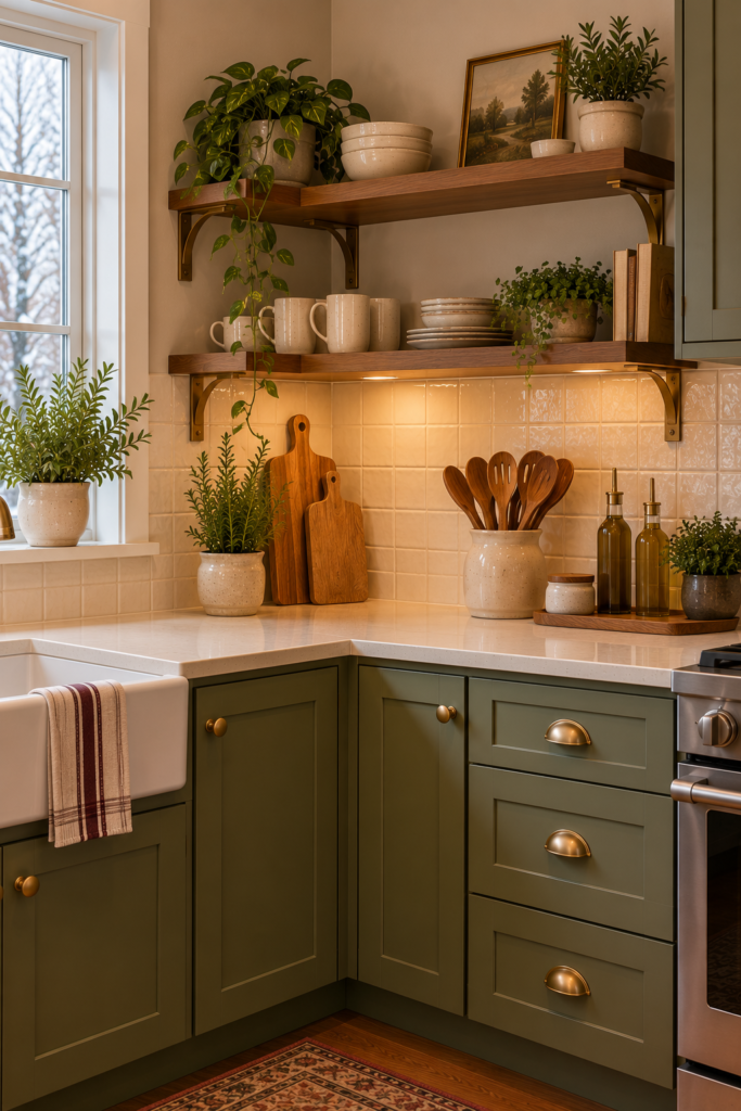 Corner kitchen shelves holding lightweight mugs, small bowls, and simple ceramic accessories.