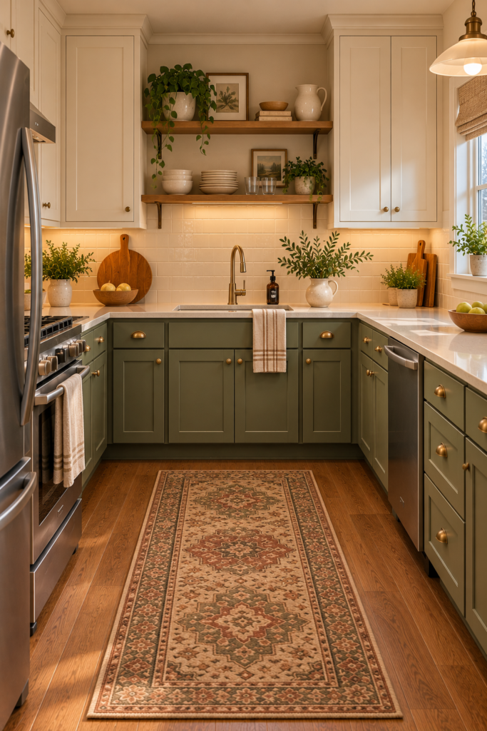 Kitchen combining open wood shelves for everyday dishes with closed cabinets for concealed storage.