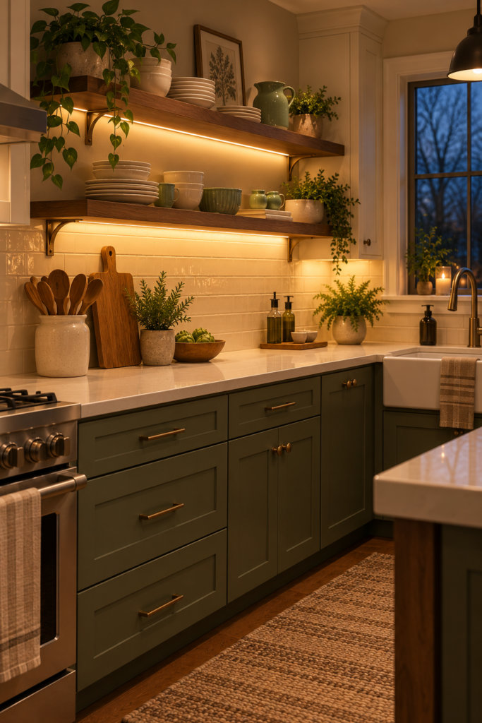 Open kitchen shelves with warm under-shelf lighting illuminating the countertop below.