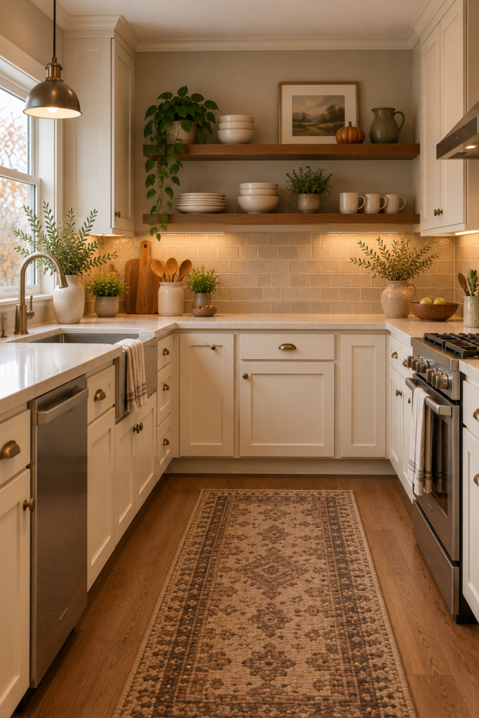 Kitchen shelves with restrained seasonal decor, including a warm brown ceramic accent and everyday dishes.
