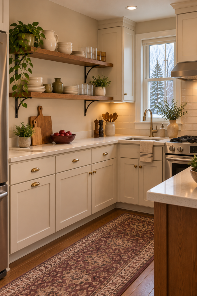 Minimal open kitchen shelves with neatly grouped dishes, clear glasses, one ceramic piece, and visible empty space.