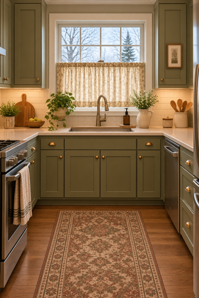 Small kitchen window above the sink with a classic warm-cream café curtain covering the lower glass.