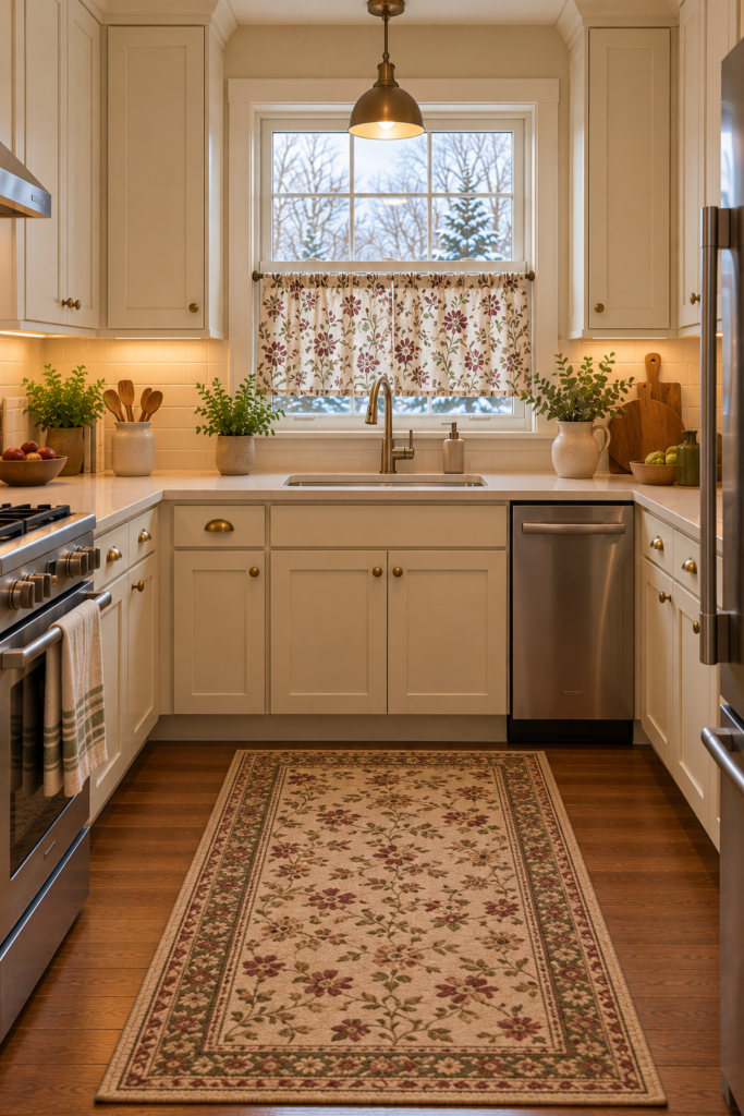 Small floral café curtain with muted olive, dusty burgundy, and cream flowers above a kitchen sink.