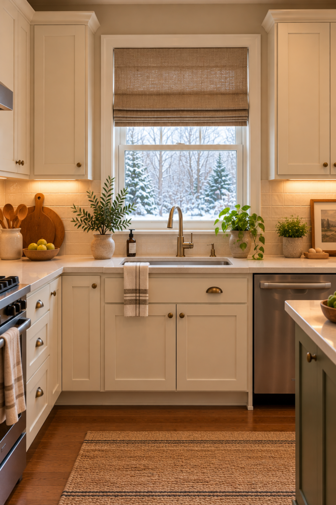 Kitchen window with a tailored warm-cream Roman shade above a stainless-steel sink.