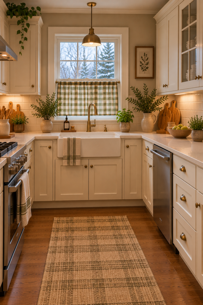 Cottage kitchen window with a muted olive-and-cream gingham curtain above the sink.