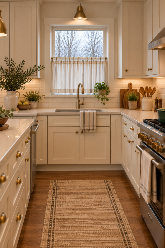 Small kitchen window with a subtle vertically striped cream and dusty-blue curtain.