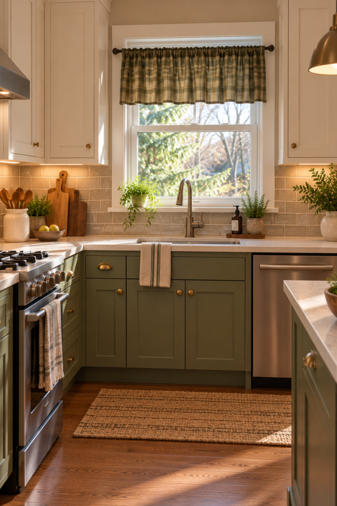 Kitchen sink window with a muted olive-green café curtain paired with cream cabinetry and wood accents.